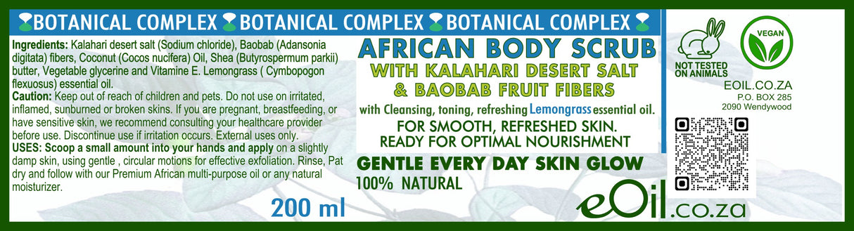 Label of African Body Scrub with botanical complex and eOil branding