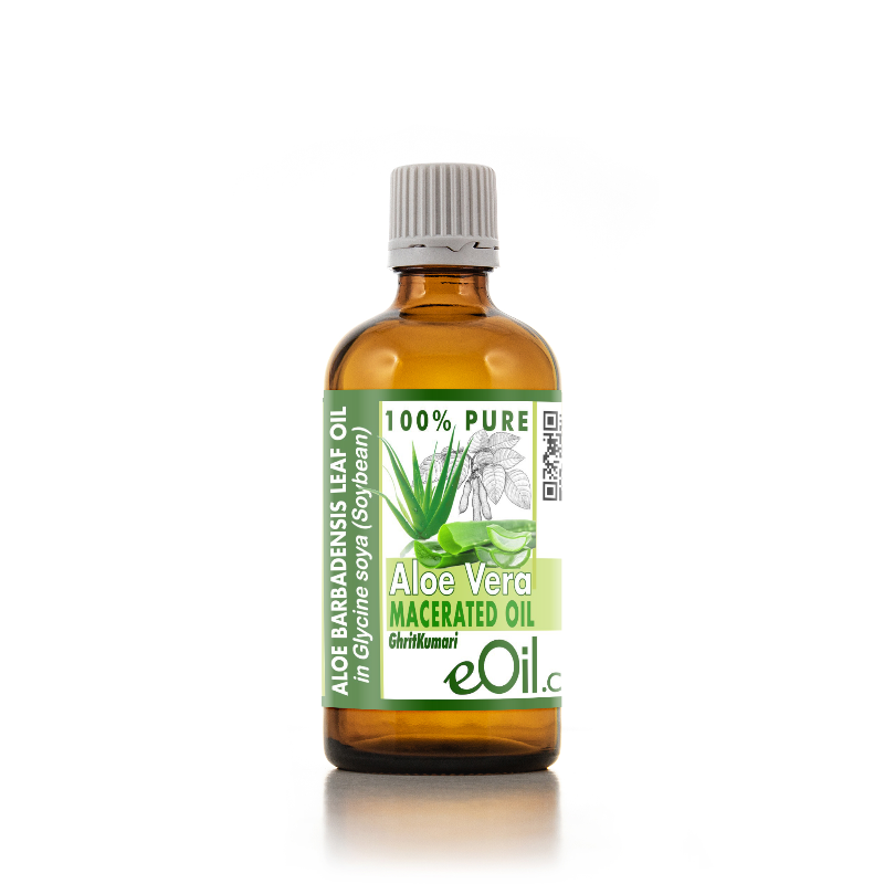A bottle of Aloe Vera Macerated Oil by eOil.com, featuring an amber glass bottle with a white ribbed cap and a green and white label, set against a plain white background.