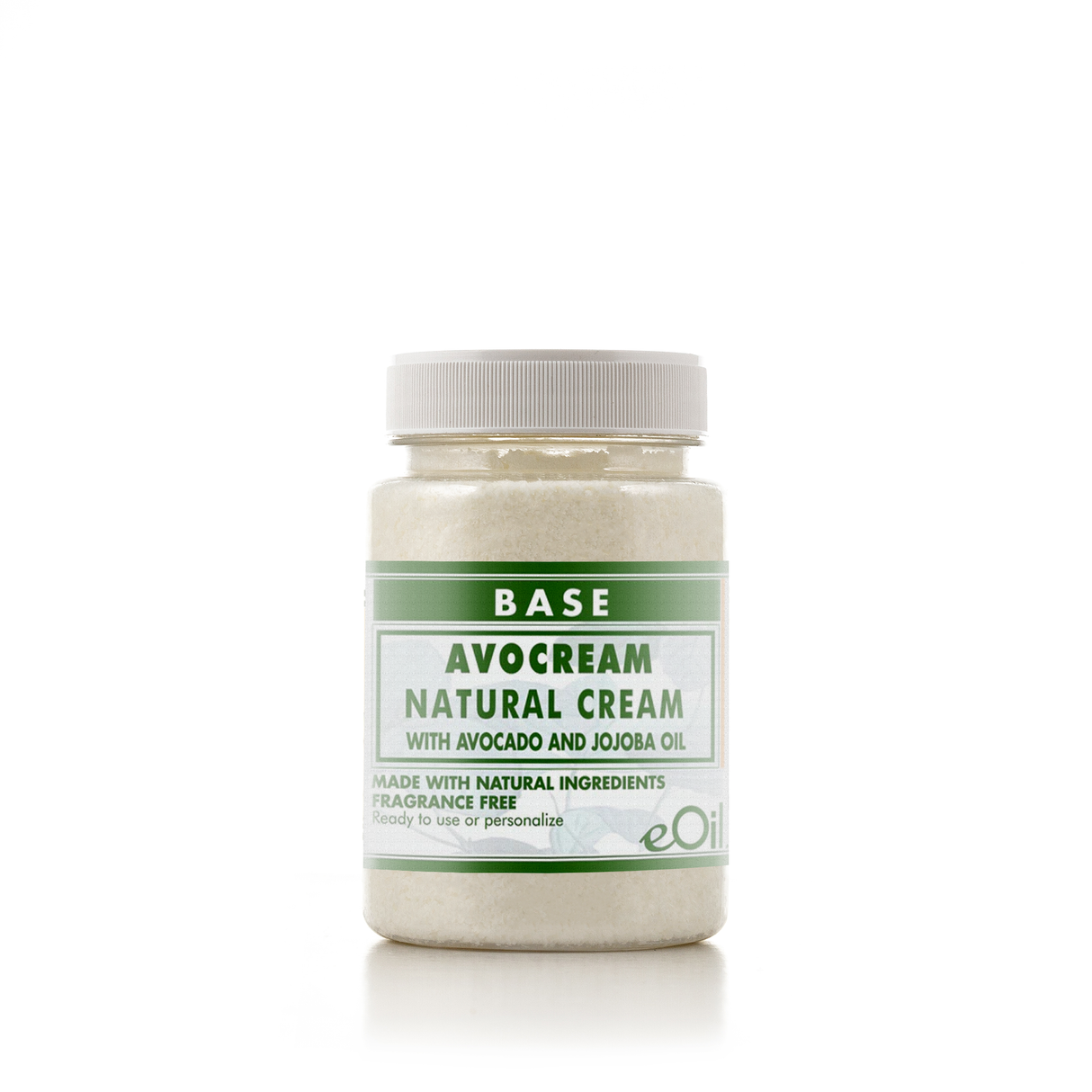 A jar of BASE Avocream Natural Cream with avocado and jojoba oil, featuring a white cap and a white and green label, set against a plain white background.