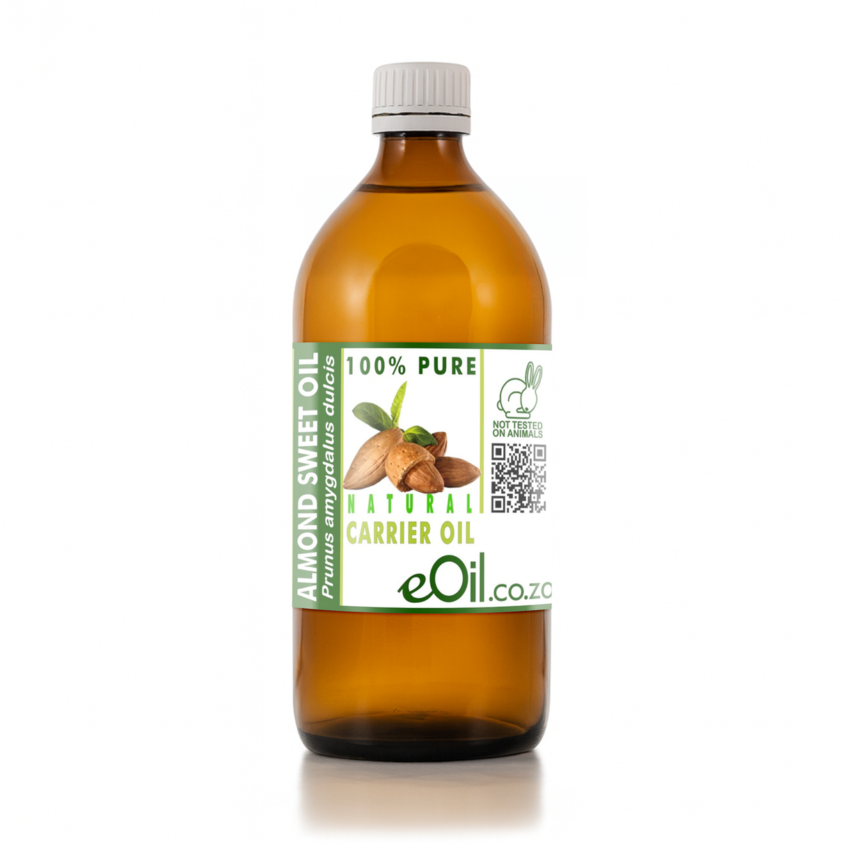 Bottle of almond sweet oil with a label on a white background 500 ml eoil.co.za