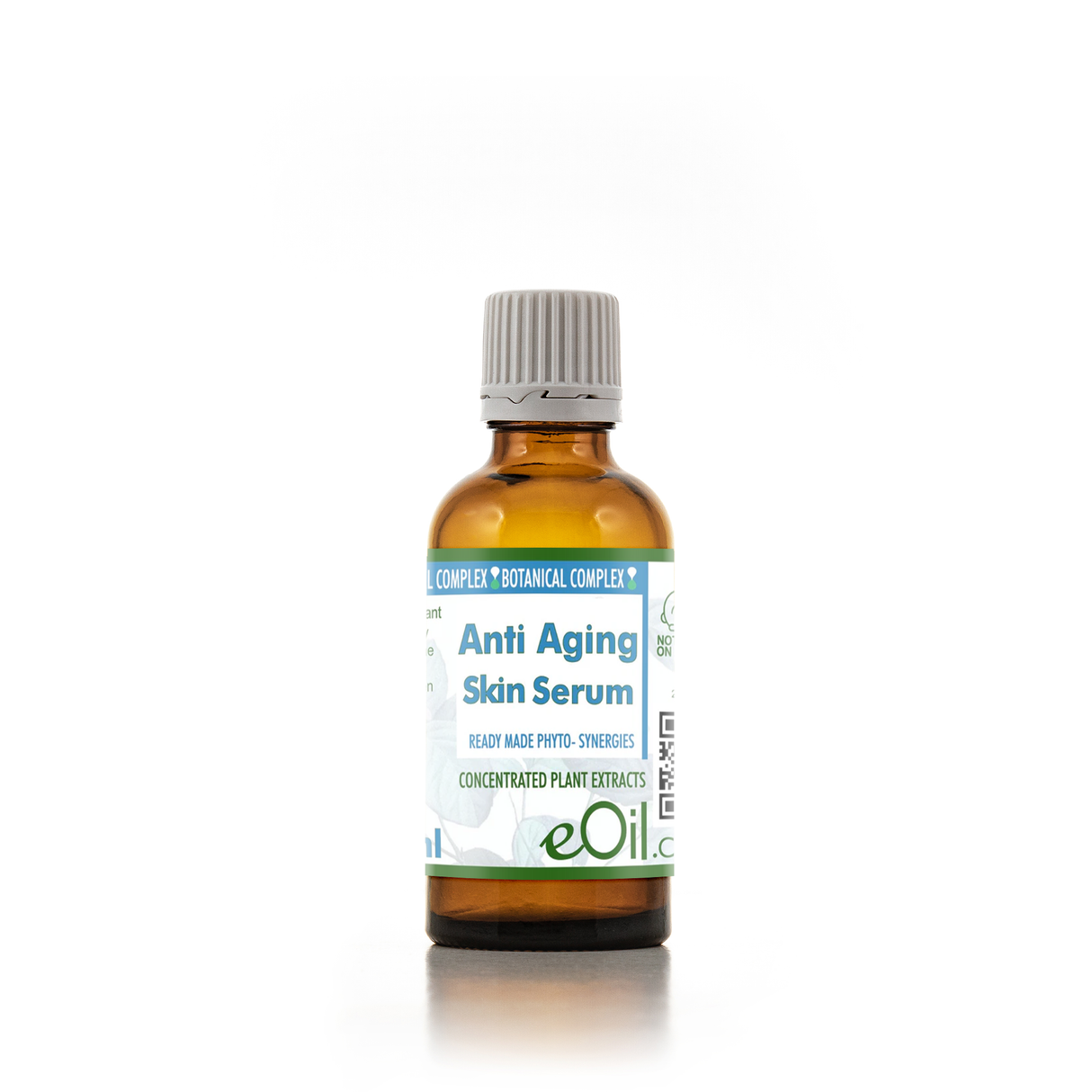 An amber glass bottle of eOH Complex Botanical Complex Anti Aging Skin Serum with a white and blue label and a gray cap, set against a plain white background.