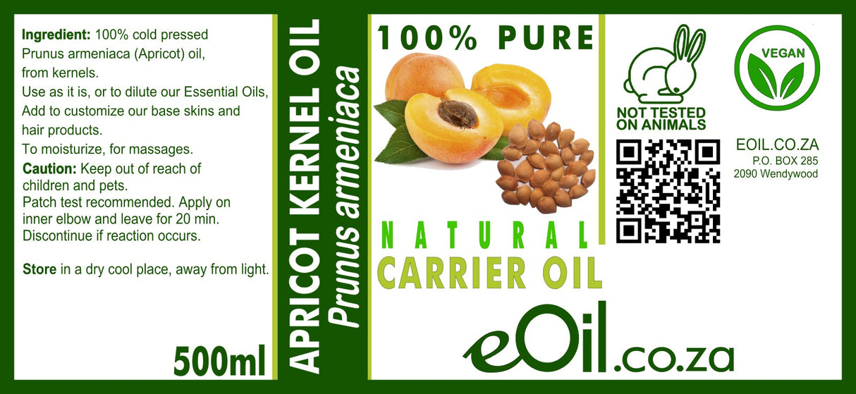 Apricot Kernel Natural Carrier Oil from eOil.co.za, a lightweight, nourishing oil for skin and hair care label 500 ml