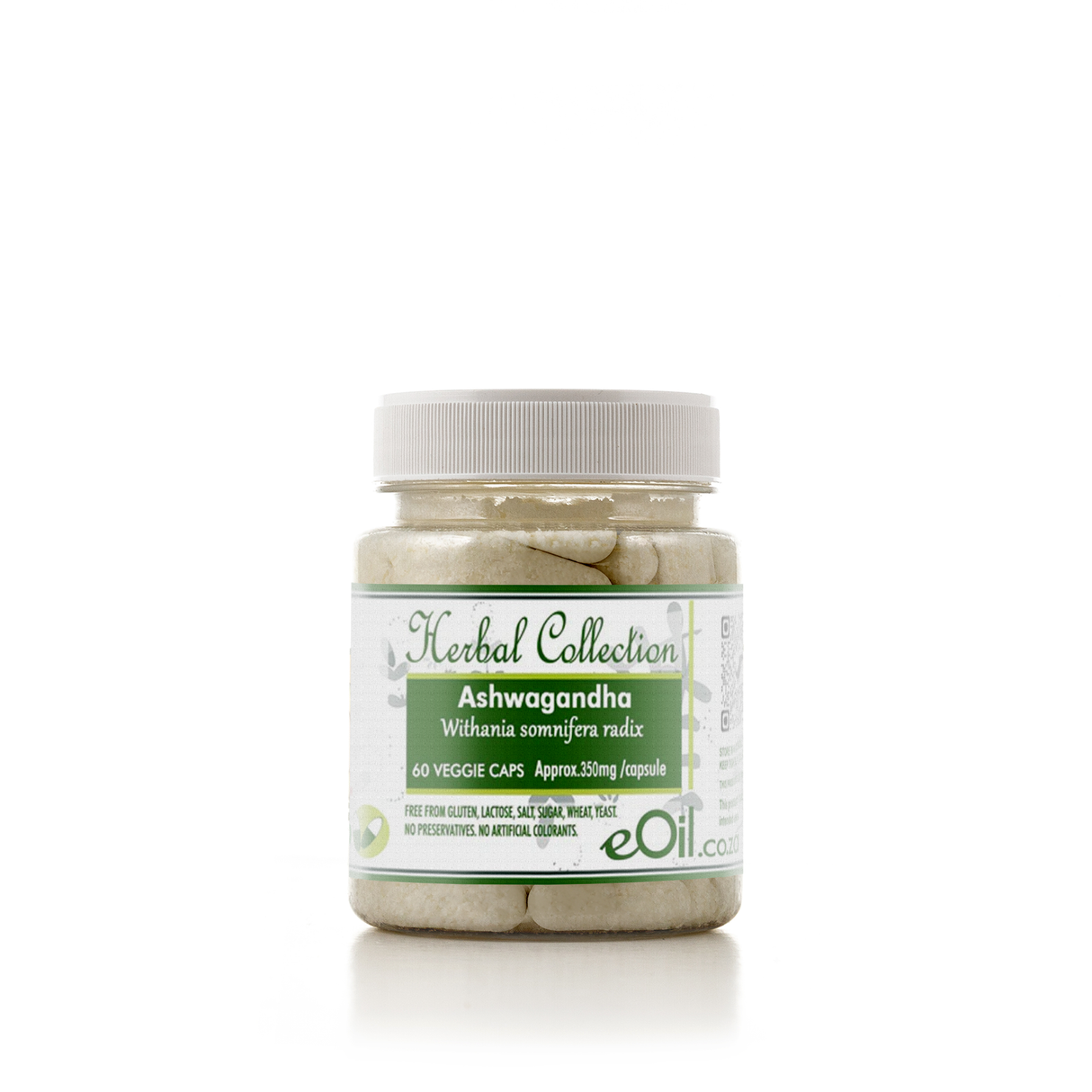 A bottle of Herbal Collection Ashwagandha veggie caps with a white cap and a white and green label, set against a plain white background.