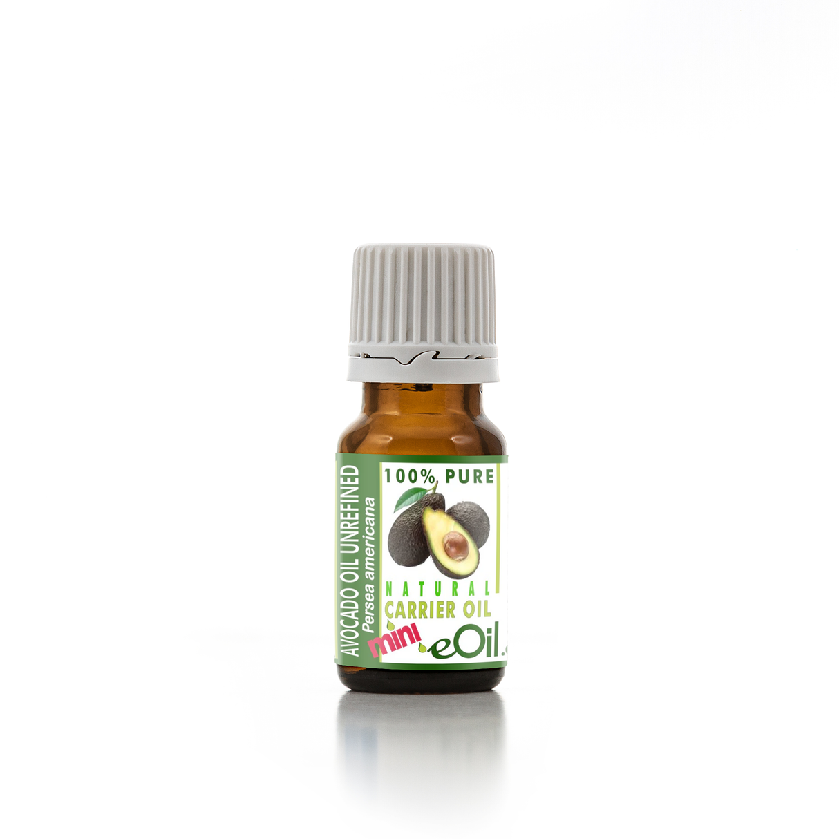 Bottle of avocado oil with a green label on a white background