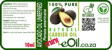 Bottle of cold-pressed, unrefined natural Avocado carrier oil. mini 10 ml collection