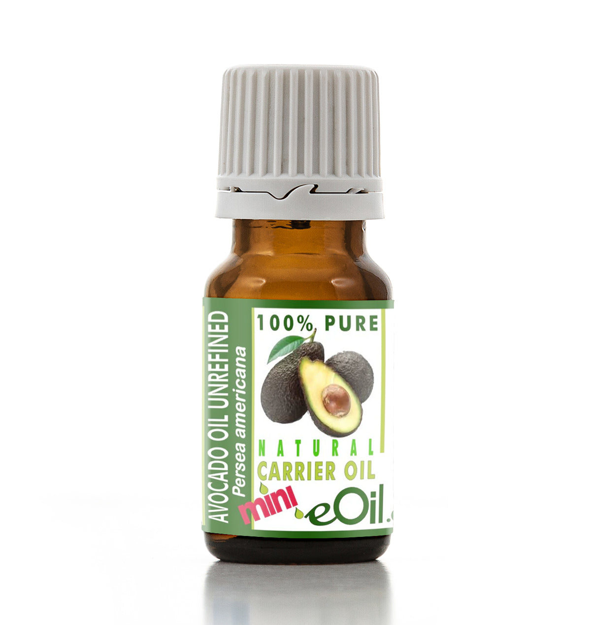 Bottle of avocado oil with a green label on a white background