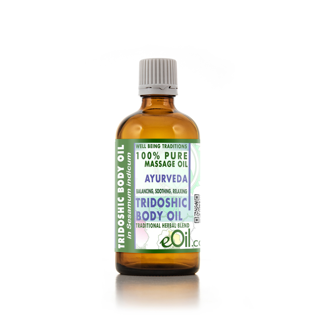 A 100% pure Ayurvedic Tridoshic Body Oil in an amber glass bottle with a white ribbed cap, featuring a green and white label with purple text.