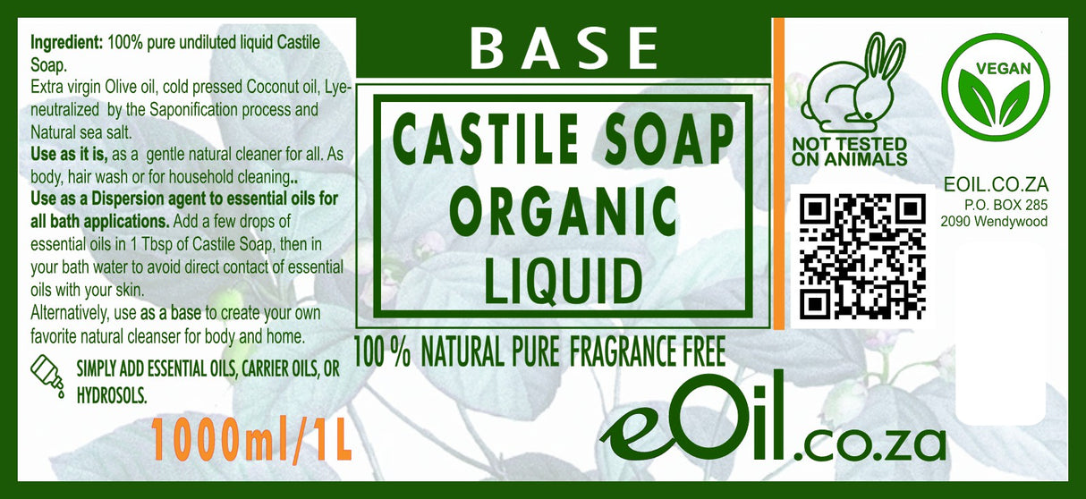 Castile soap Organic liquid -  natural fragrance free base - eOil.co.za