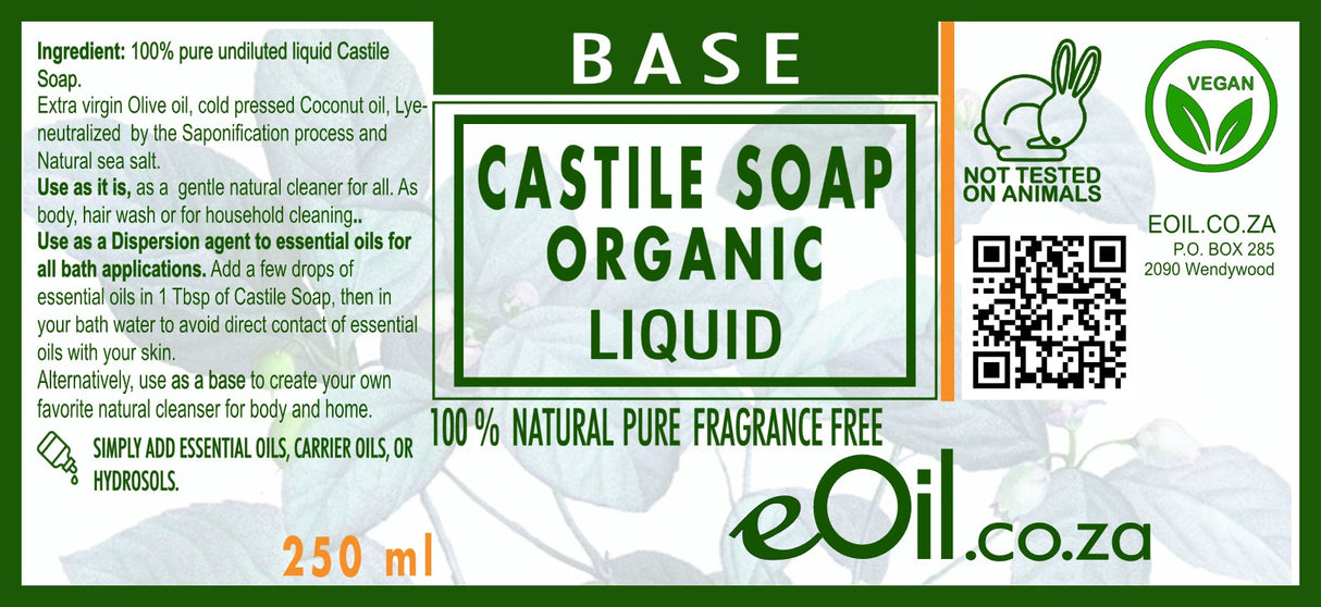Castile soap Organic liquid -  natural fragrance free base - eOil.co.za