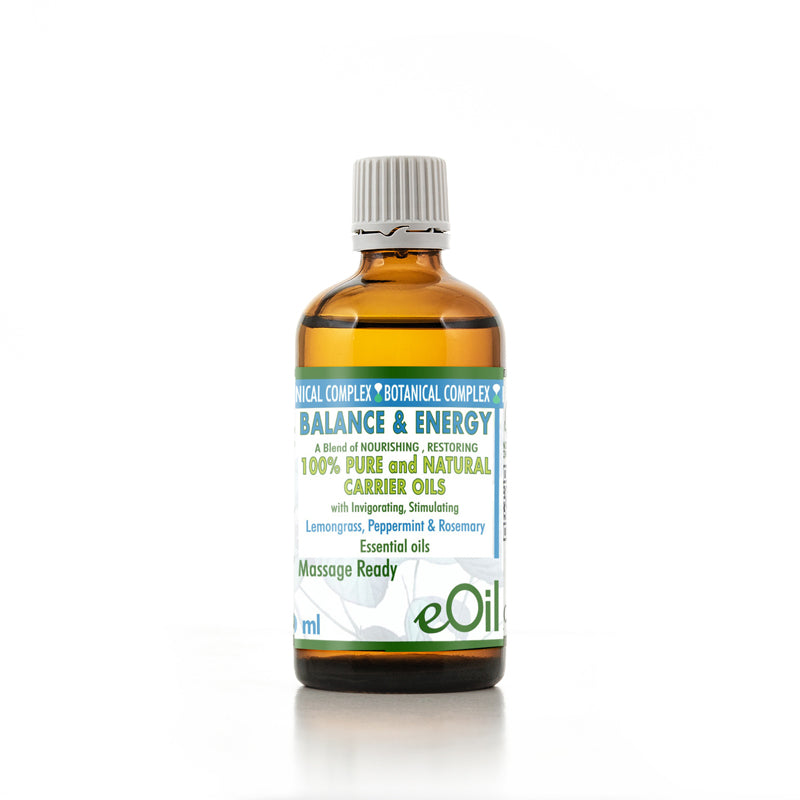 Bottle of eOil Balance & Energy massage oil on a white background