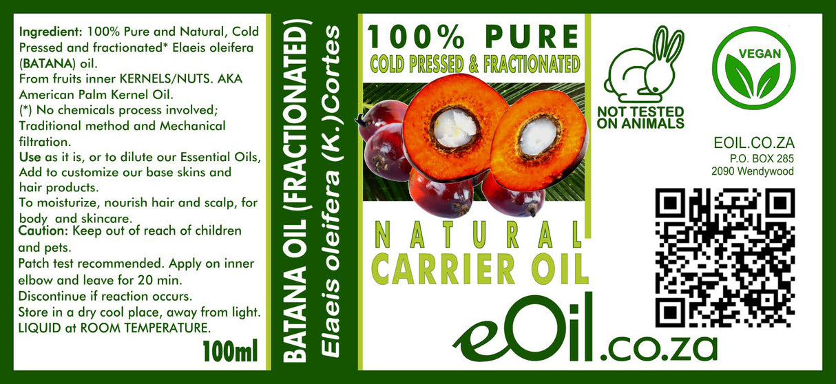 Batana Kernel Carrier Oil with a label indicating that it is 100% pure, cold pressed, and natural carrier oil.