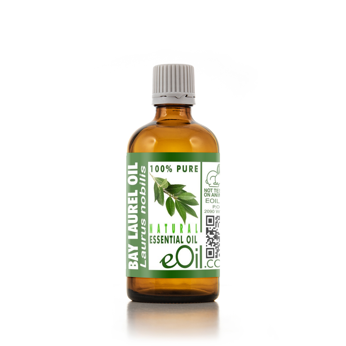 Bottle of Bay Laurel essential oil with a green label on a white background