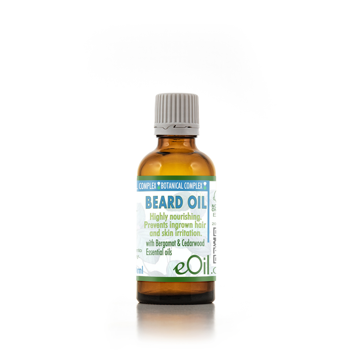 An amber glass bottle of eOil Beard Oil with a gray ribbed cap and a white label with blue and green text, set against a plain white background.