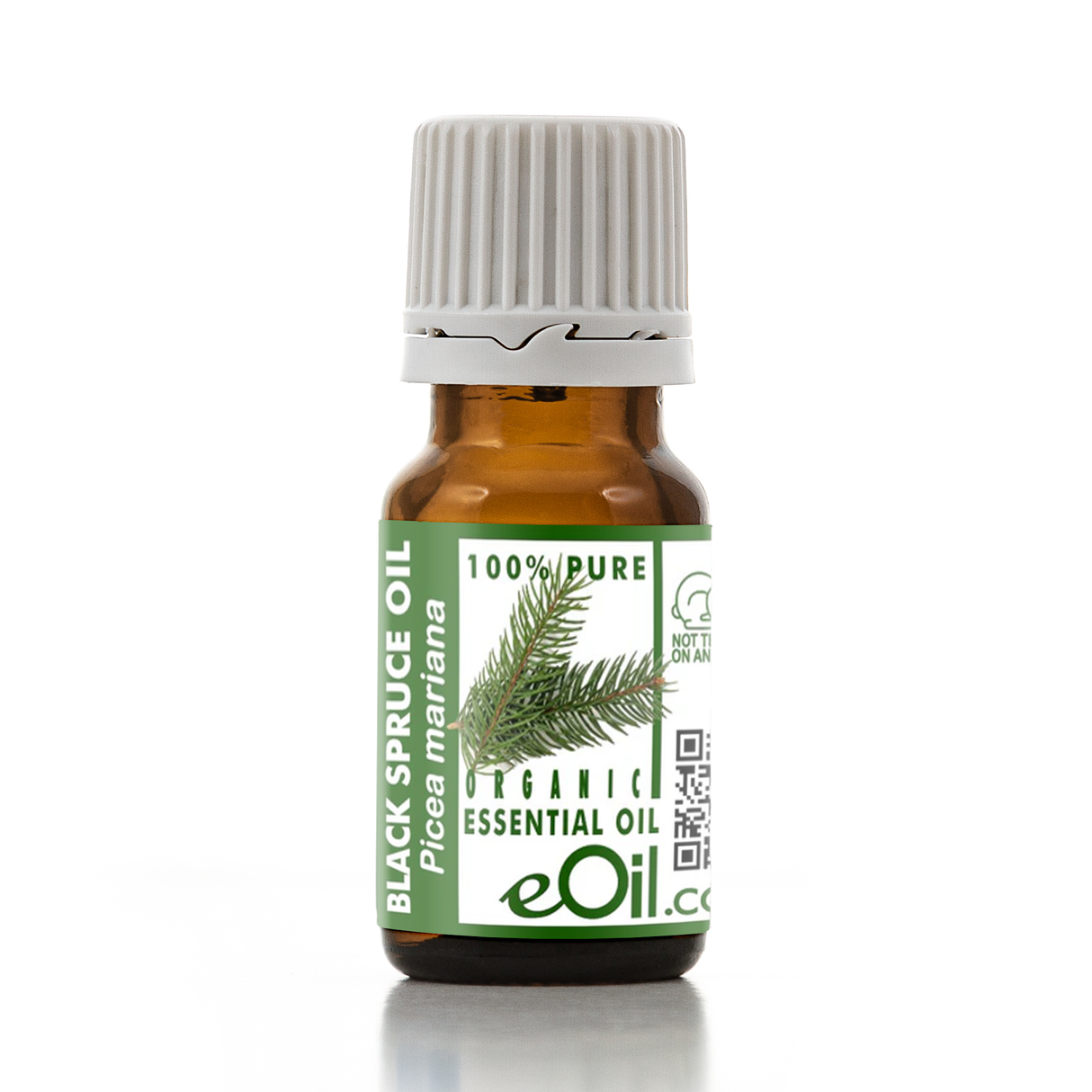 Bottle of Black Spruce essential oil with a green label on a white background