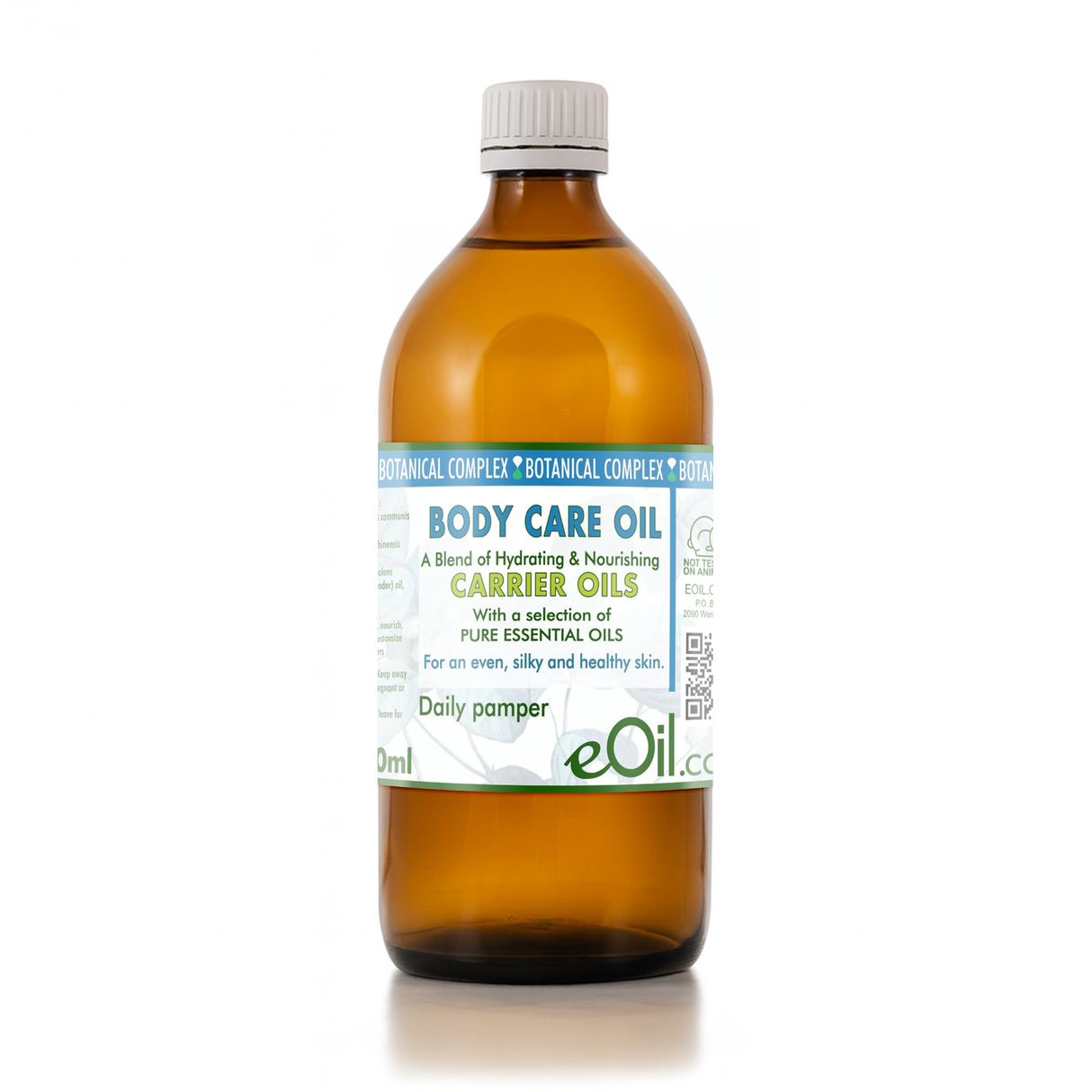 Brown bottle of body care oil with a label on a white background 500 ml