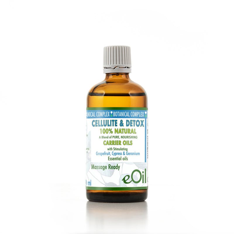 Bottle of eOil cellulite and detox carrier oil on a white background 100 ml