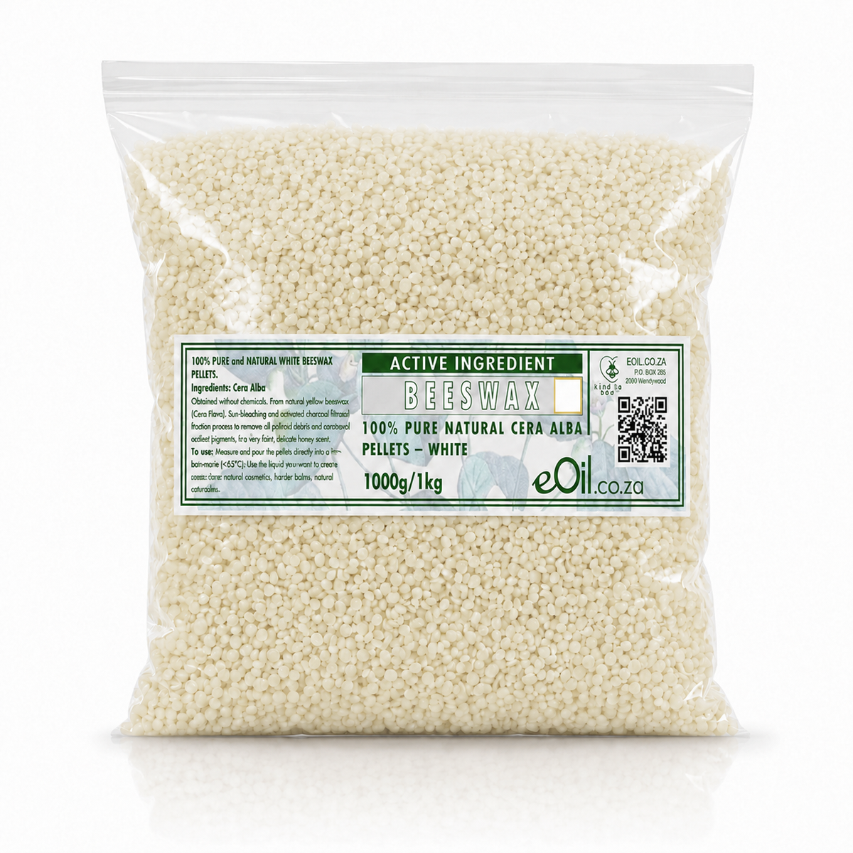 A clear plastic bag filled with small off-white beeswax pellets, featuring a green and white label with the brand name eOil and product details.
