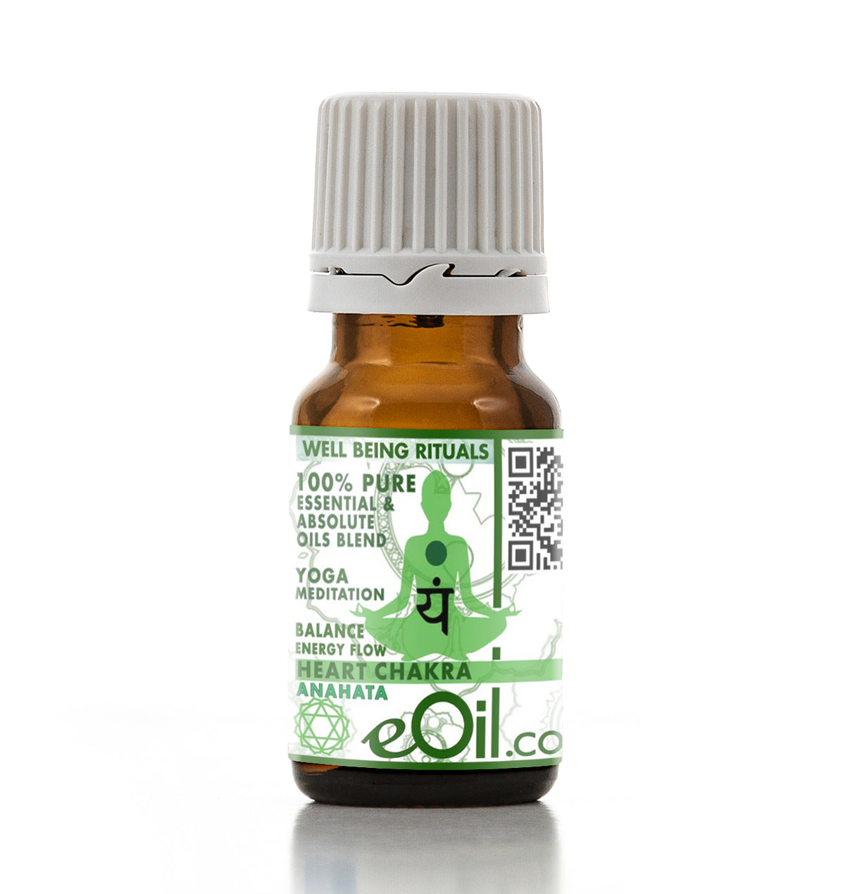 Chakra Heart Essential oil bottle with a green label on a white background