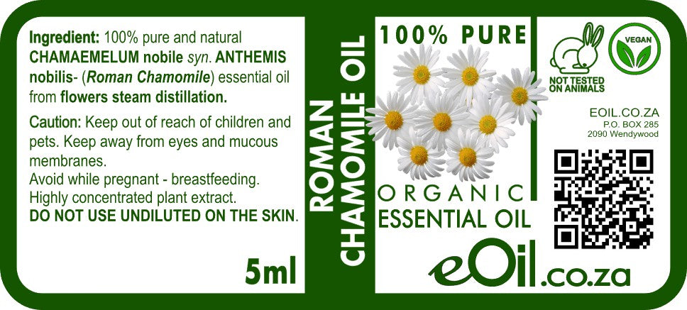 Label of Roman Chamomile Oil from eOil.co.za with product details and safety information.