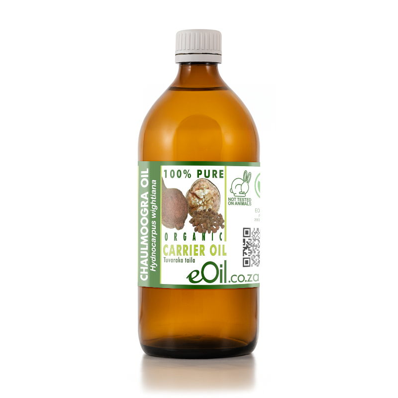 Bottle of eOil chaulmoogra oil on a white background