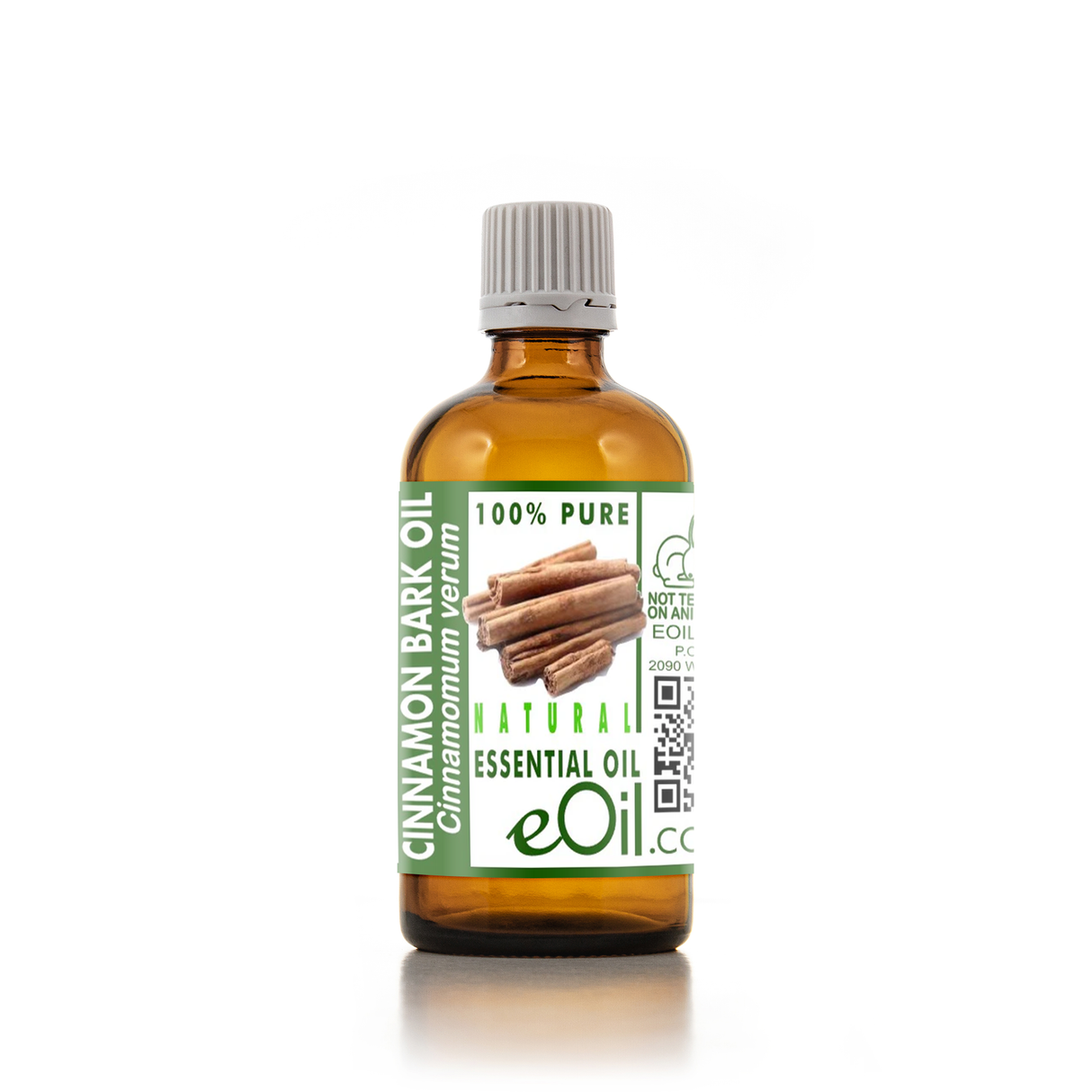 Bottle of cinnamon bark essential oil with a white background