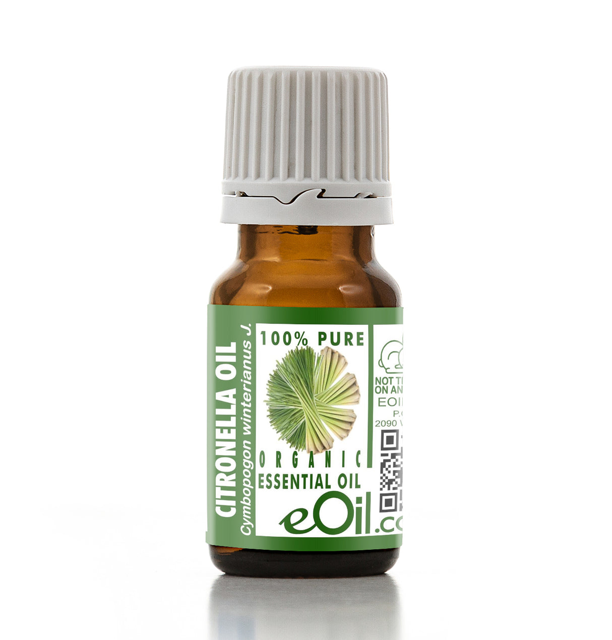 Bottle of eOil Citronella essential oil on a white background