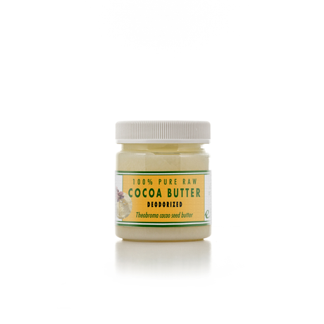 A jar of 100% Pure Raw Cocoa Butter, deodorized.