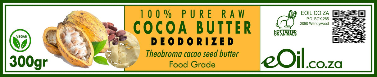 A jar of 100% Pure Raw Cocoa Butter, deodorized.