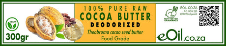 A jar of 100% Pure Raw Cocoa Butter, deodorized.