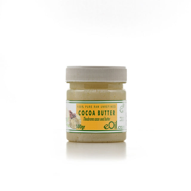 A jar of eOil cocoa butter, labeled as 100% Pure Raw Unrefined, with a capacity of 100 grams.
