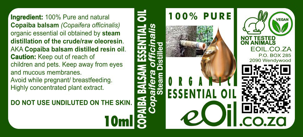 Copaiba Balsam Essential Oil Organic, soothing resinous oil for inflammation, pain, and skin care