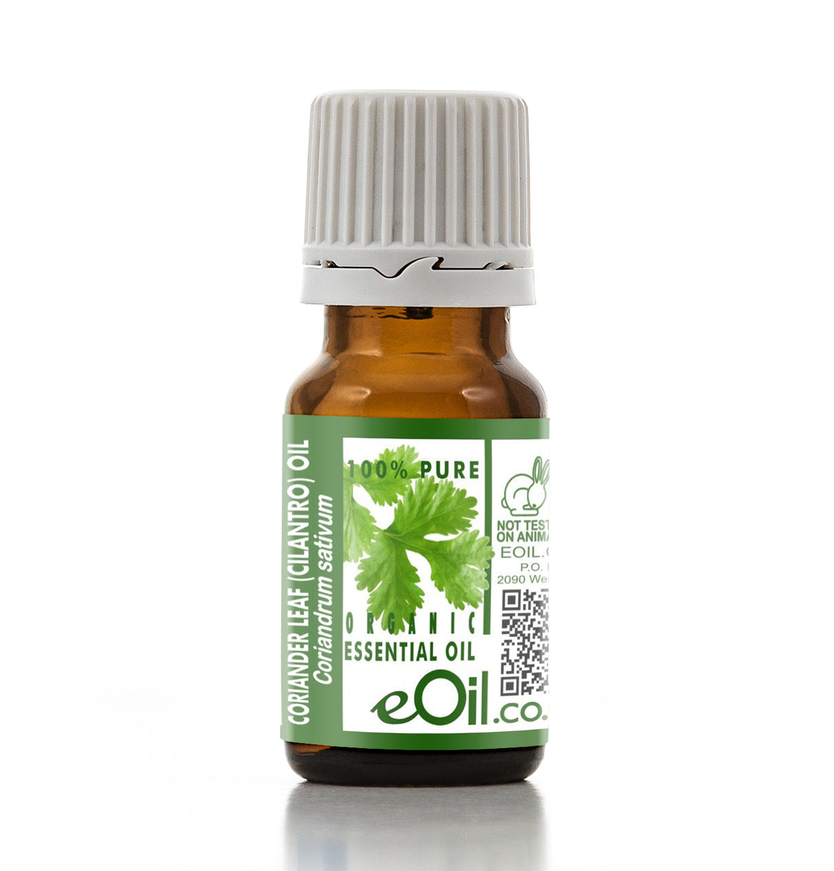 Bottle of coriander leaf essential oil with a green label on a white background