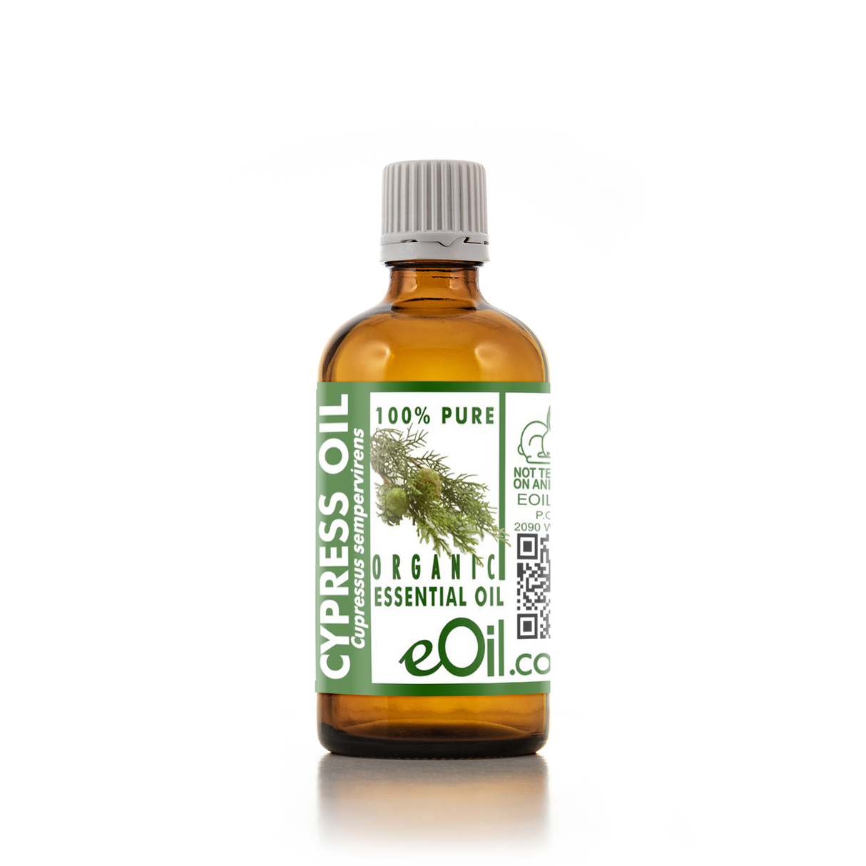 Bottle of Cypress essential oil with a green label on a white background