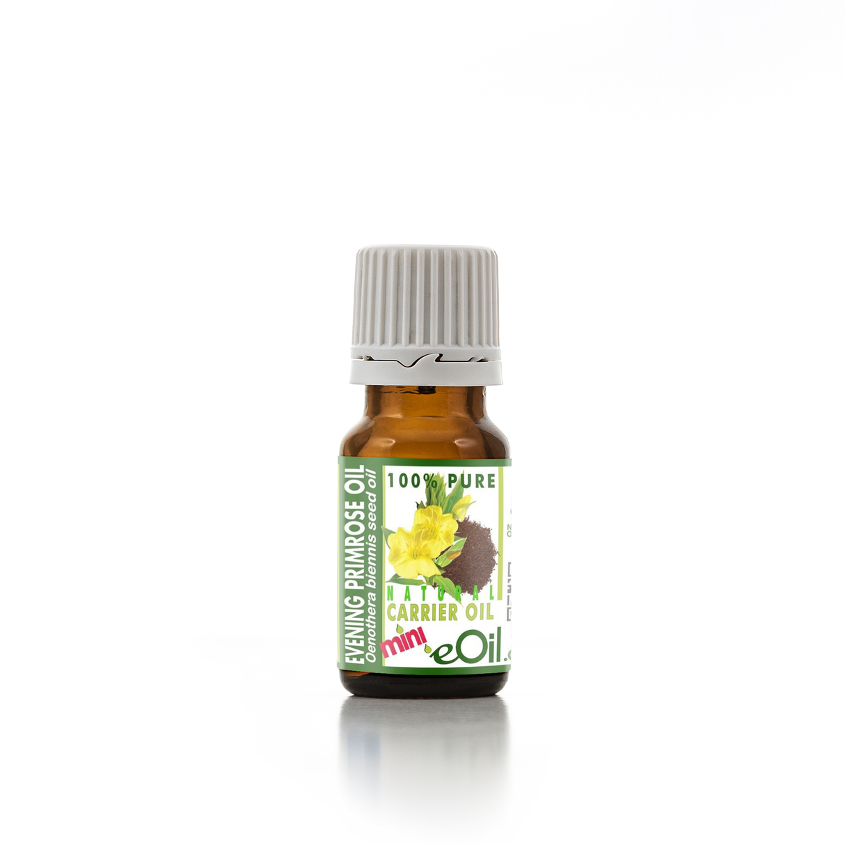 Bottle of evening primrose oil with a green label on a white background 10 ml