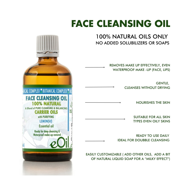 Bottle of face cleansing oil with product details on a white background