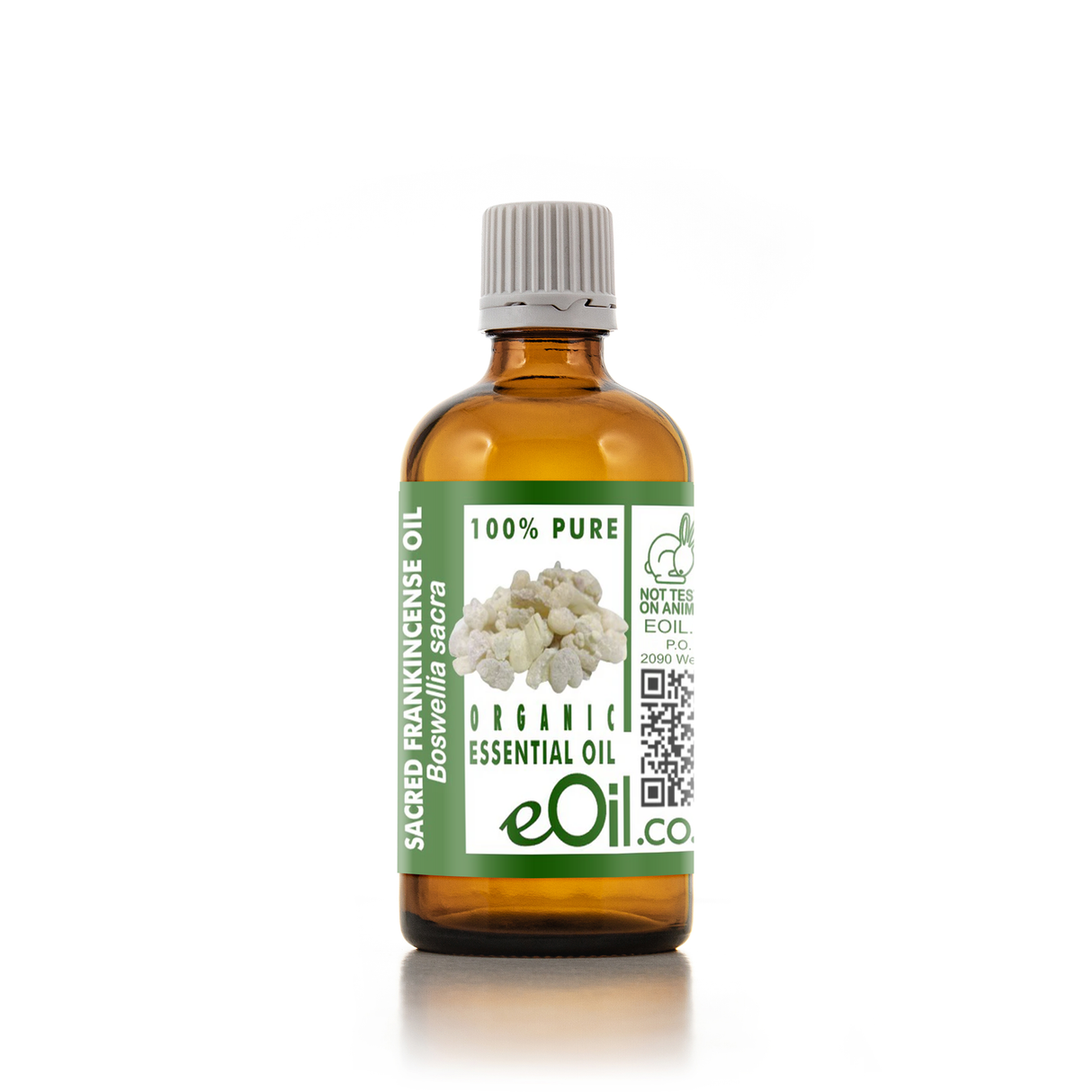 A bottle of Sacred Frankincense Oil (Boswellia sacra) by eOil, featuring an amber glass bottle with a white ribbed cap and a green and white label.