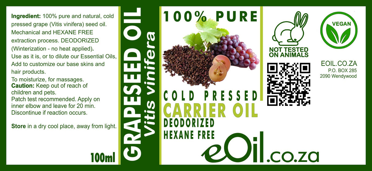 Label of Grapeseed Oil from eOil.co.za with product details and branding.