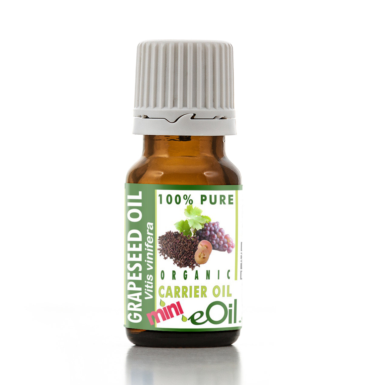 Bottle of grapeseed oil with a green label on a white background