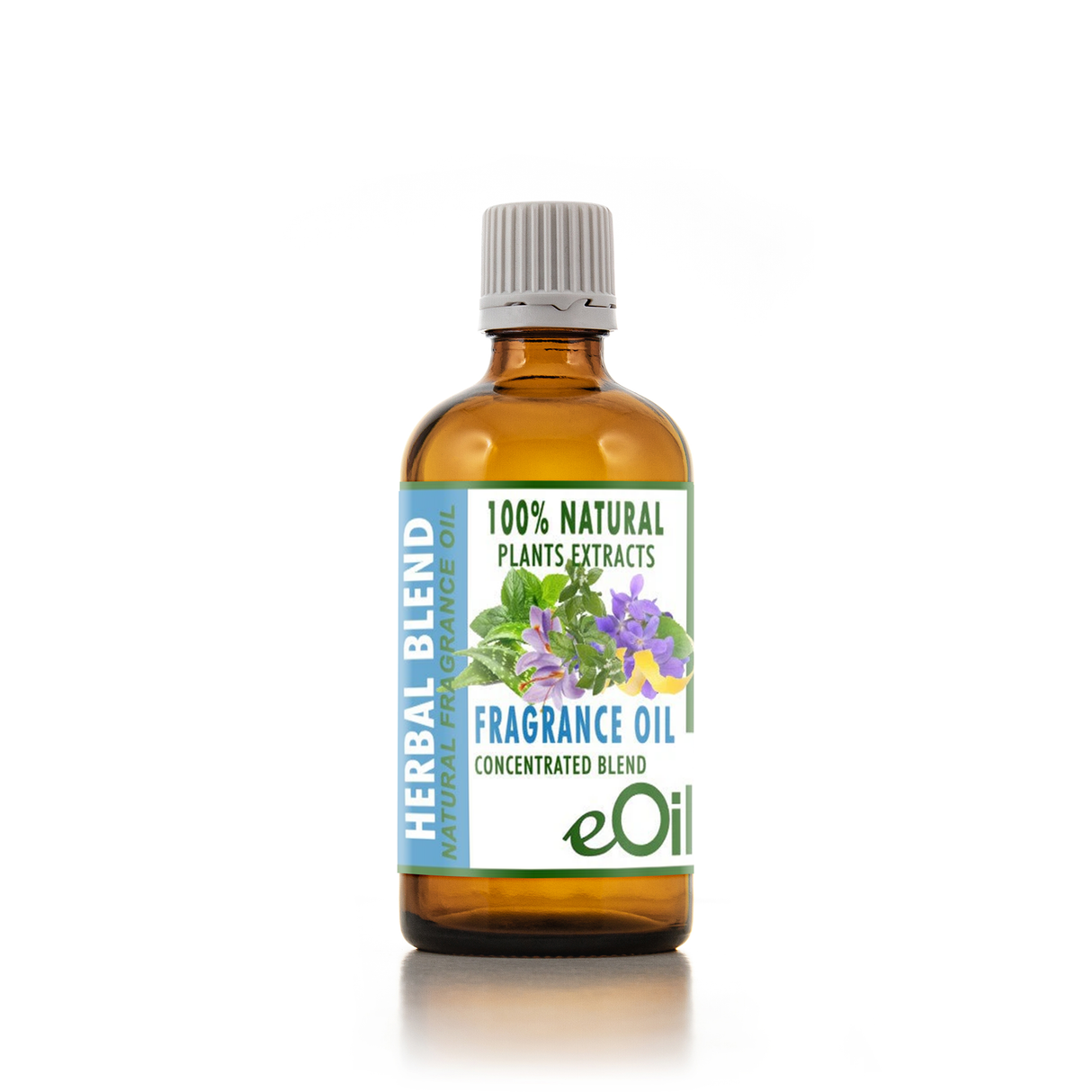 Bottle of EOi herbal blend fragrance oil on a white background 100 ml bottle