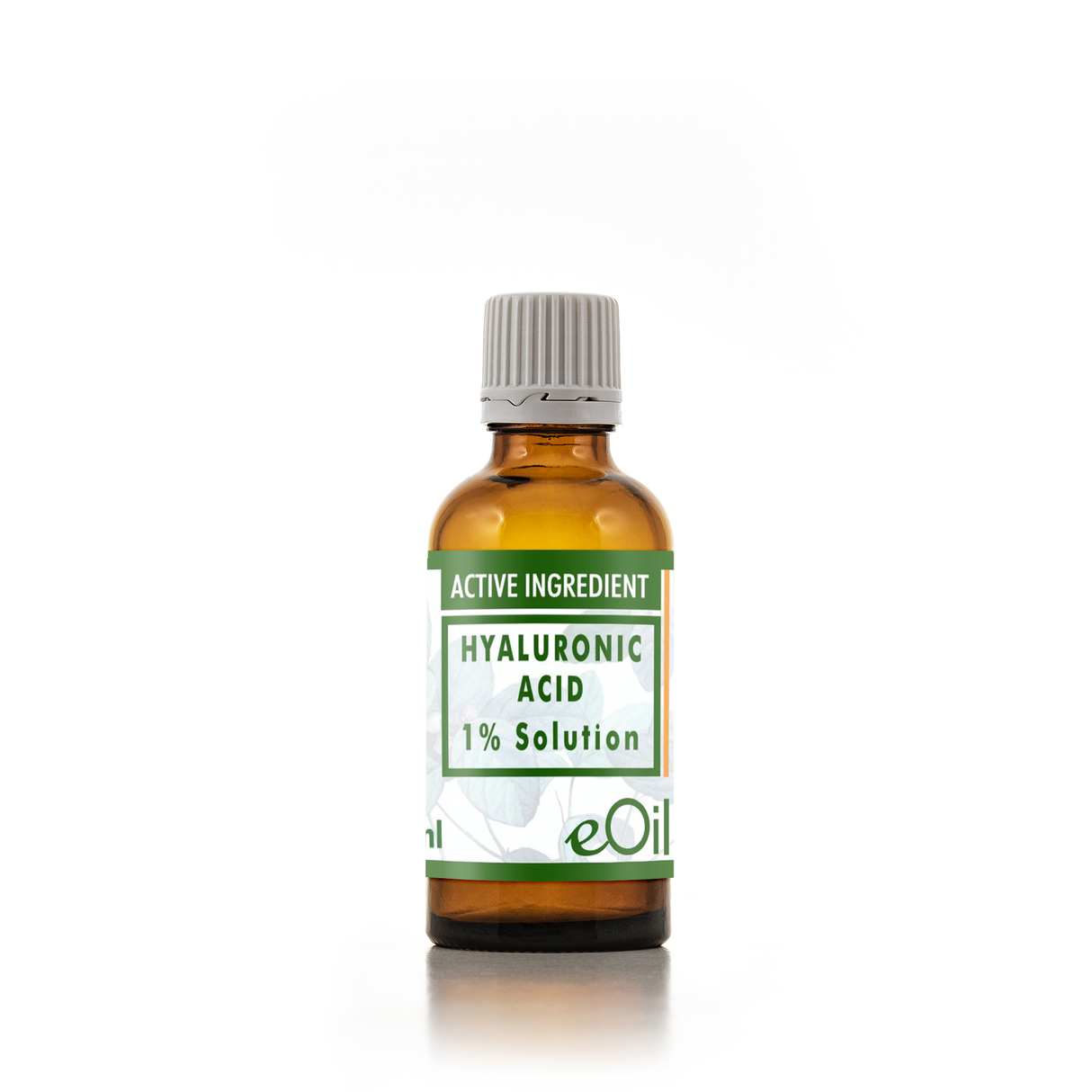 Bottle of hyaluronic acid solution with a green label on a white background