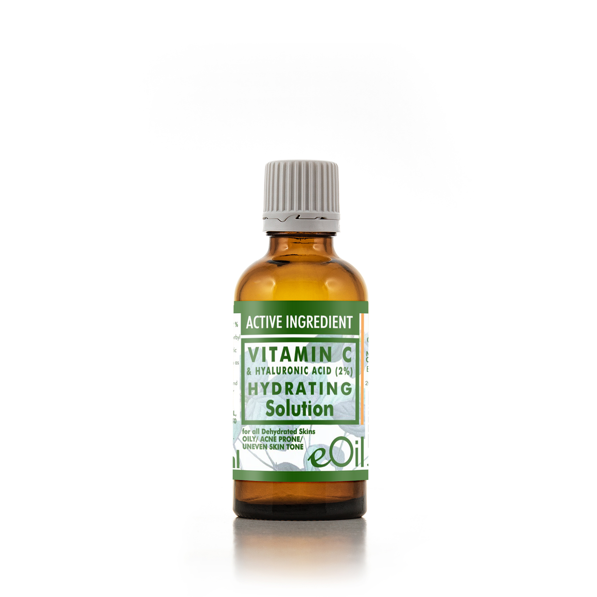 Bottle of Vitamin C and Hyaluronic Acid solution with a green label on a white background