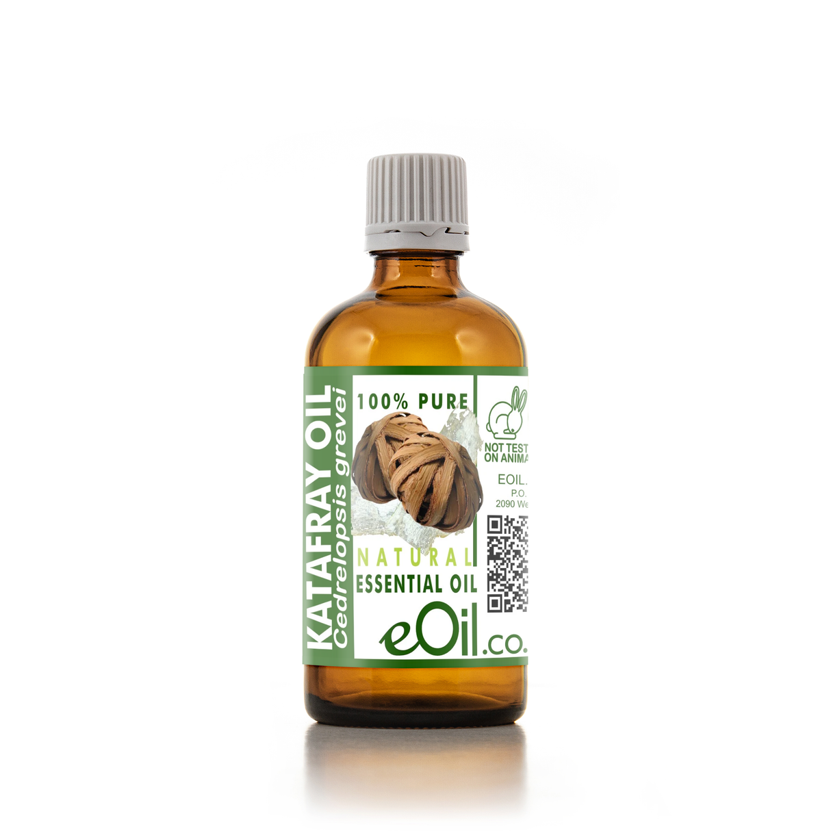 A bottle of Kafafray Oil (Centella grass) essential oil by eOil.co, in an amber glass bottle with a white ribbed cap and a green and white label.