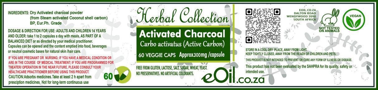 Herbal Collection Activated Charcoal supplement label with text and graphics.