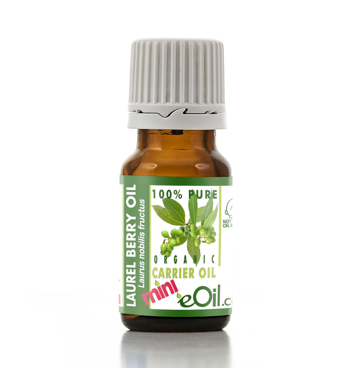 Bottle of Laurel Berry Oil with a green label on a white background