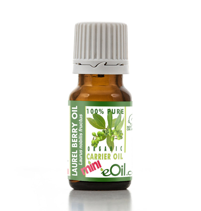 Bottle of Laurel Berry Oil with a green label on a white background