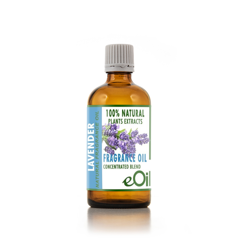 Bottle of lavender fragrance oil with a white background