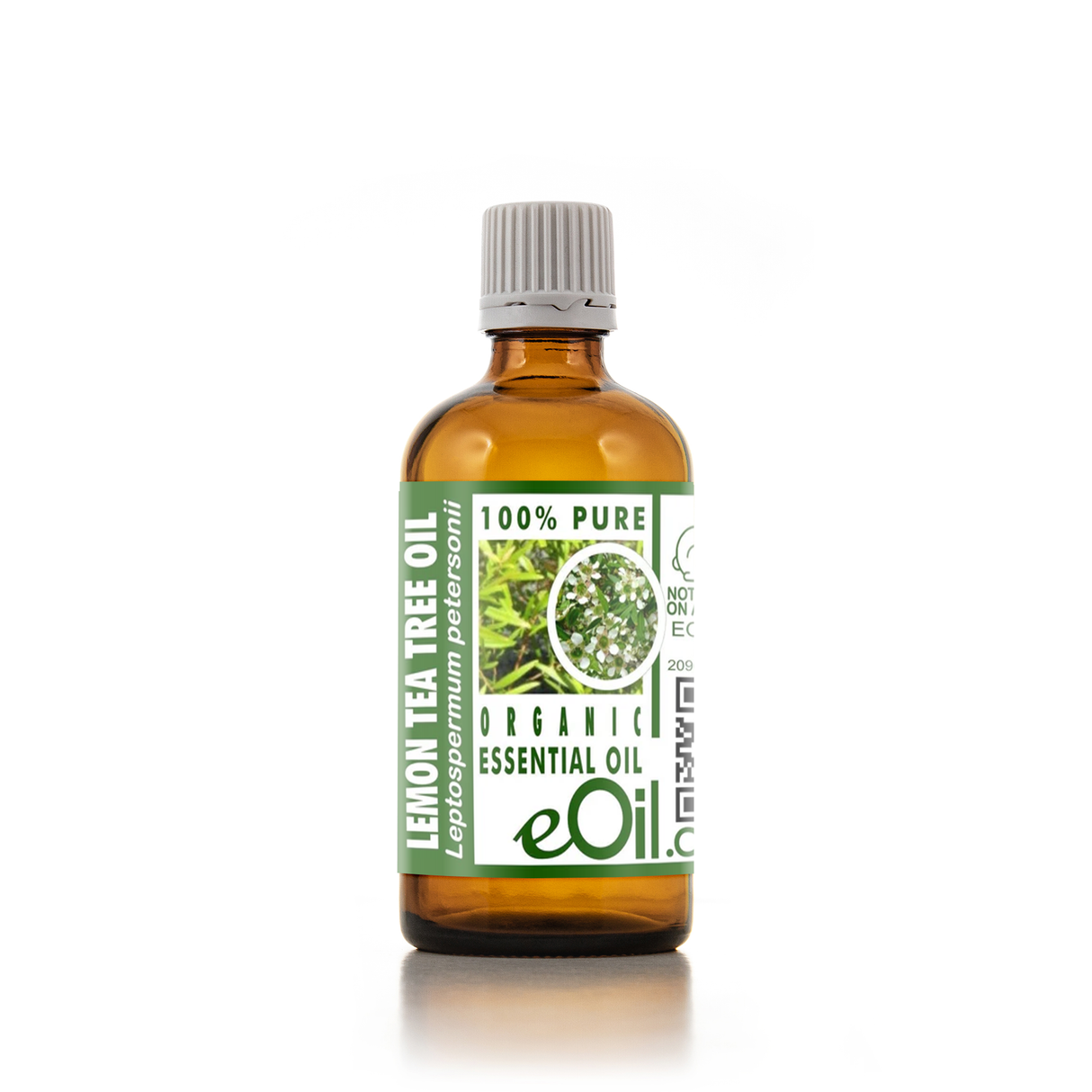 Bottle of lemon tea tree oil with a green label on a white background