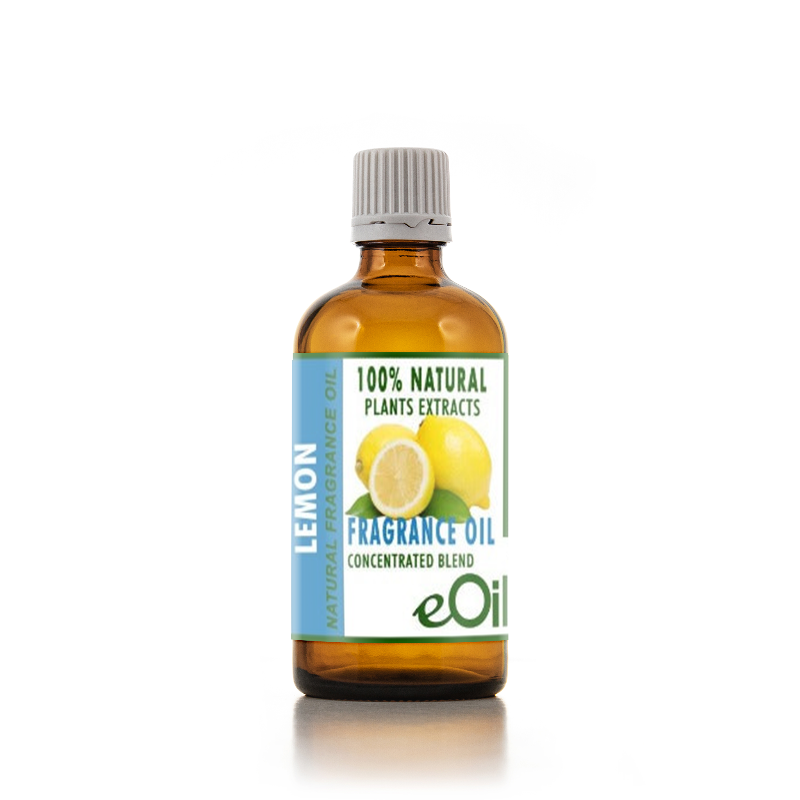 Bottle of lemon fragrance oil with a white background 100 ml
