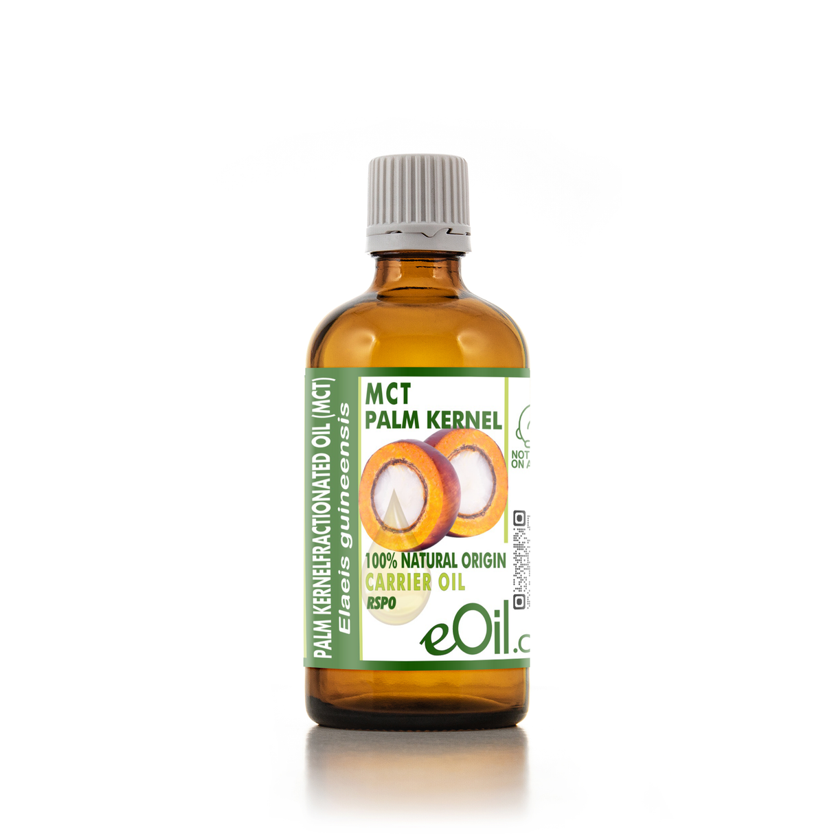 Bottle of MCT Palm Kernel oil with a white background