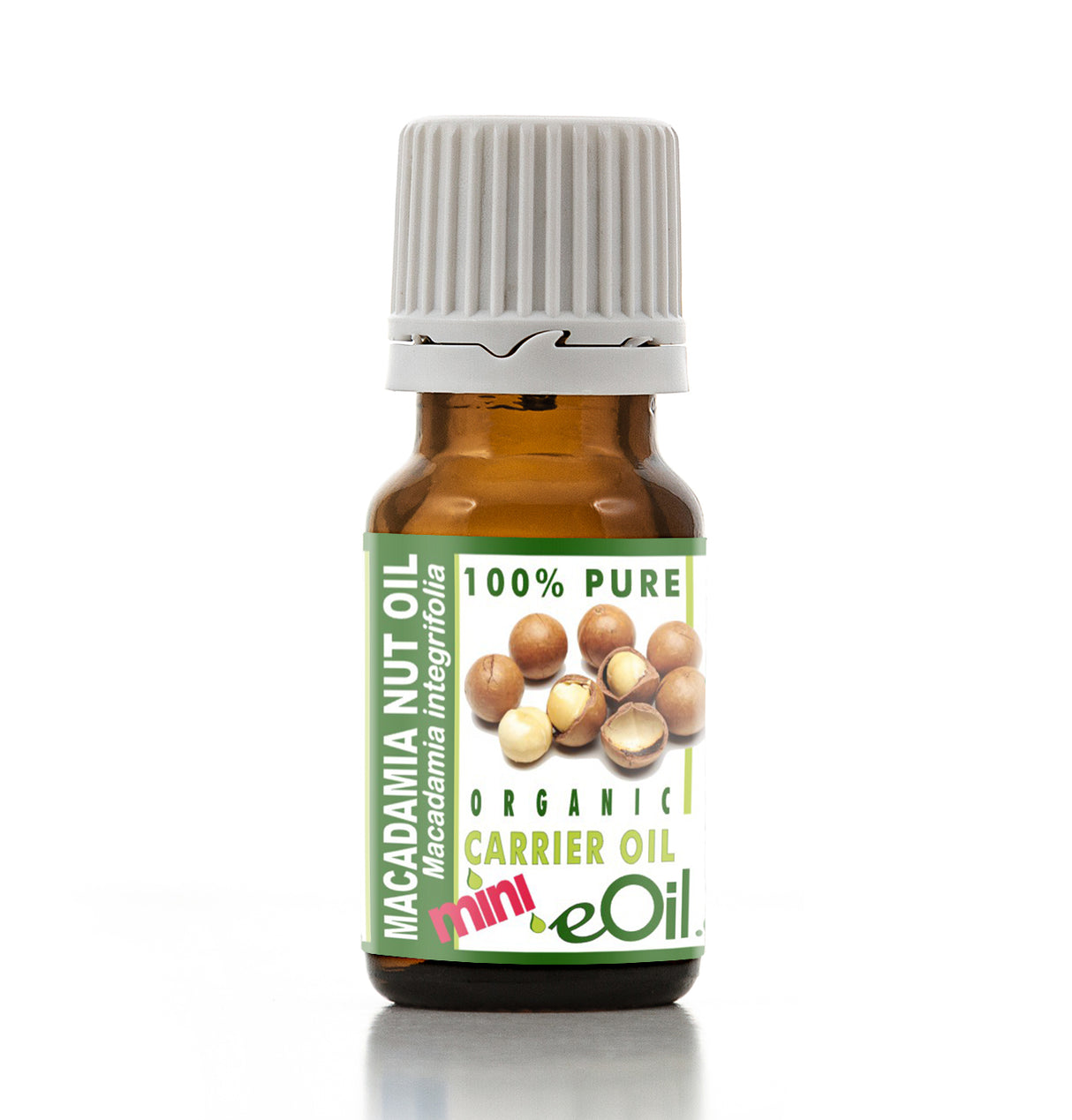 Bottle of Macadamia Nut Oil with a green label on a white background